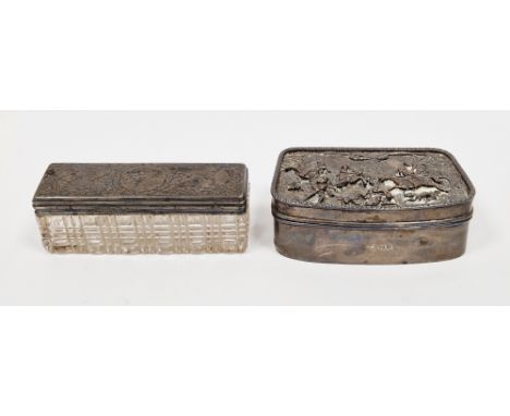 Silver table snuff box, hallmarks rubbed but probably early 20th century, the hinged lid with with raised relief decoration d