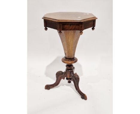 Victorian figured walnut work/sewing table&nbsp;of octagonal trumpet form, the hinged lid opening to a fitted interior, raise