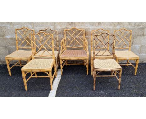 Eight Chinese Chippendale revival side chairs in the George III manner, faux bamboo with lattice backs and cane seats, includ