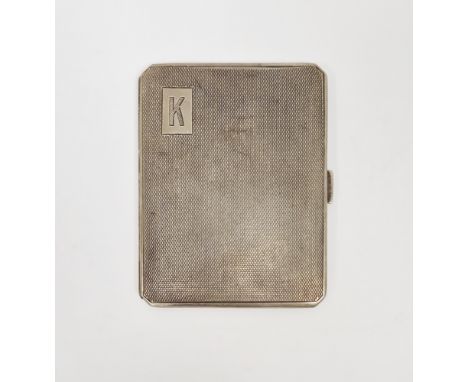 Art Deco silver cigarette case, Birmingham 1938 E J Trevitt &amp; Sons, with engine turned decoration and rectangular cartouc