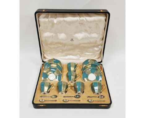 Cased Mappin and Webb set of Royal Doulton Art Deco speckled green and gilt ground demi-tasse and six Mappin and Webb silver 