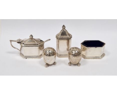 Silver three piece cruet set, Birmingham 1929, Adie Bros, each piece of elongated hexagonal form comprising pepper pot (7.5cm