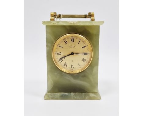 Mid century Swiss ' Imhof ' green onyx cased carriage clock, the gilt brass face with Roman and Arabic numerals, 15cm high