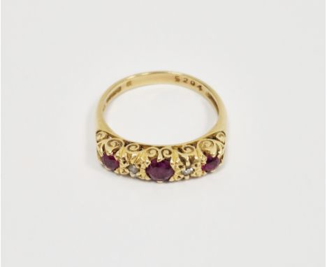18ct yellow gold ruby and diamond five-stone ring, ring size M 1/2, 3.2 grams
