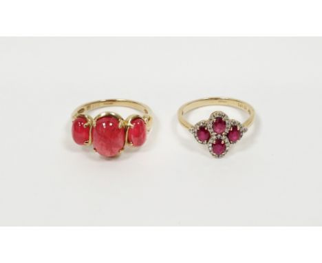 QVC 9ct gold and pink stone ring set three cabochon claw set pink stones (size P) and a&nbsp;QVC 9ct gold, pink and white sto