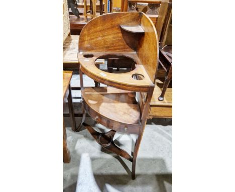 George III mahogany bowfront corner washstand, the galleried top with recesses for bowls, above a further shelf with one draw