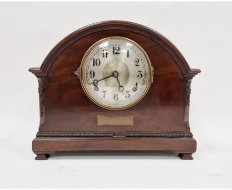 Early 20th century mahogany domed cased 8-day mantel clock, the silvered dial with engine turned centre, Arabic numerals, mar