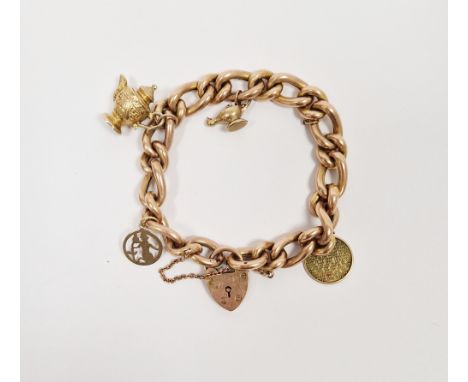 Rose gold-plated curb link bracelet&nbsp;with padlock clasp, two gold marked charms&nbsp;and two further gold-coloured metal 