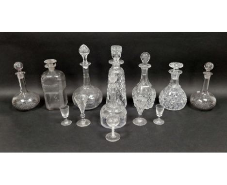 Collection of cut-glass decanters and stoppers and drinking glasses, including: a 19th century square-section decanter and st