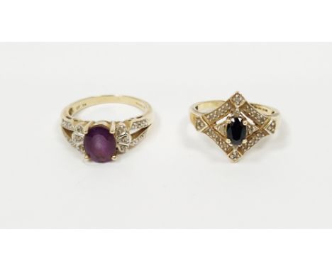 9ct gold, sapphire and white stone dress ring, lozenge-shaped and&nbsp;a 9K gold, amethyst-coloured and white stone dress rin