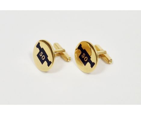 Pair 9ct gold and enamel cufflinks, the circular end enamelled and numbered '50', with hinged bar, 12.4g total approx.&nbsp;