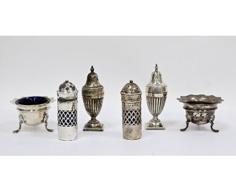 Pair of Victorian silver pepperettes, London 1886, Horace Woodward &amp; Co, of urn form with fluted body, together with anot