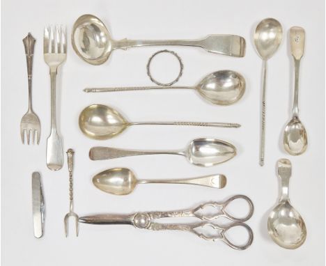 George IV silver caddy spoon, London 1822, Georgian silver sauce ladle, rubbed hallmarks, together with five further silver f
