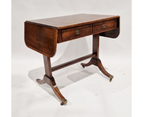 19th century mahogany and burr walnut cross-banded drop-flap sofa table, the top with ebony string inlay above two drawers an