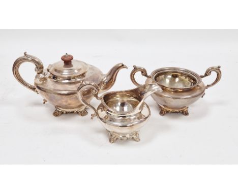 William IV silver three piece tea service, London 1837, Joseph &amp; Albert Savory, comprising teapot, sugar bowl, and milk j