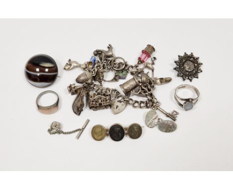 Lava brooch set three female portrait medallions in white metal, an agate brooch&nbsp;in silver-coloured mount, a silver char