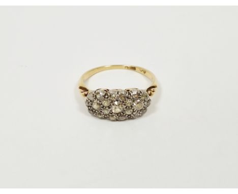 Antique gold and diamond multiple cluster ring set old cut diamonds within triple flowerhead setting (size P)&nbsp;Condition 