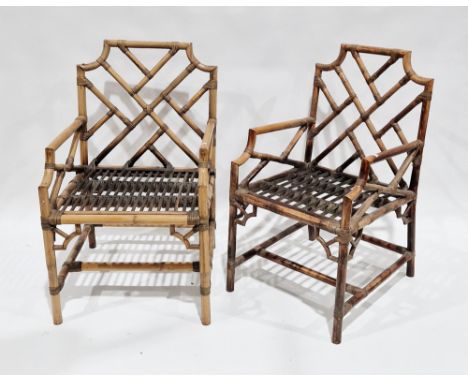 Pair of Chinese Chippendale revival bamboo conservatory elbow chairs in the George III manner, one with padded cushion seat, 