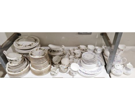 Royal Doulton Larchmont part dinner service, printed grey marks, printed with green leaves and grey foliage, within gilt rims