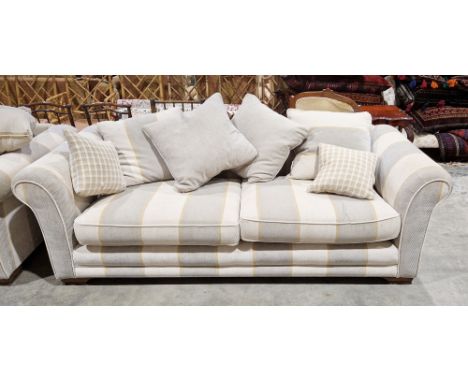 Newport Grand Sofa retailed by Lee Longlands of Cheltenham, upholstered in a striped grey, cream and mustard yellow fabric, w