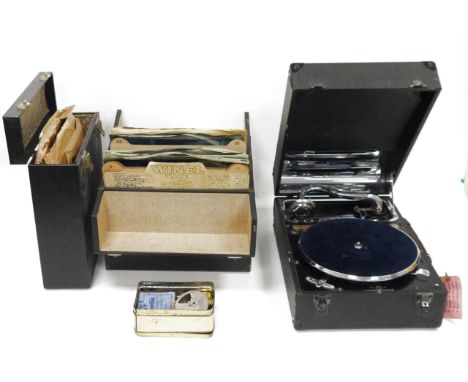 Foley, Aylward &amp; Spinney portable table-top gramophone together with&nbsp;two cases of 78rpm records, HMV chrome gramopho