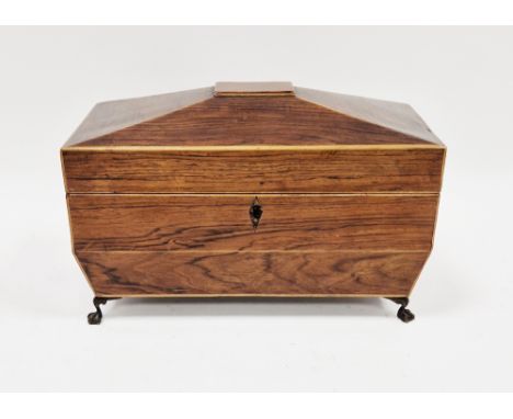 Regency rosewood and satinwood string inlaid tea caddy of sarcophagus form, the hinged lid opening to a satinwood lined inter