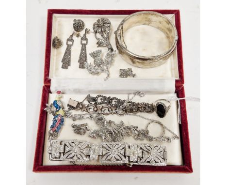 Collection of silver and marcasite jewellery including silver hinged bangle, Birmingham 1963, pair of Art Deco style silver a