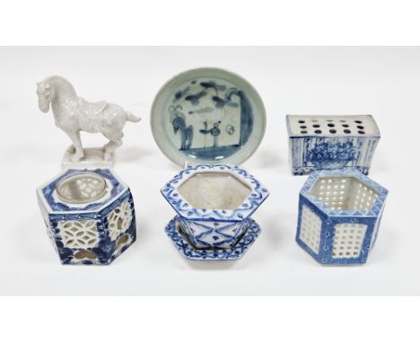 Collection of Asian ceramics including a Ming style dish, 15cm diameter, blue and white glazed flower brick, two Japanese inc