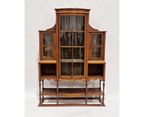 Edwardian mahogany and satinwood inlaid and cross banded display cabinet, the central bow fronted section with single glazed 