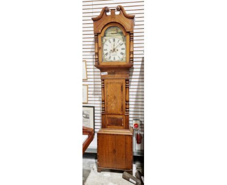 19th century mahogany cased longcase clock, the swan neck pediment hood flanked with two half columns mirrored below in the c