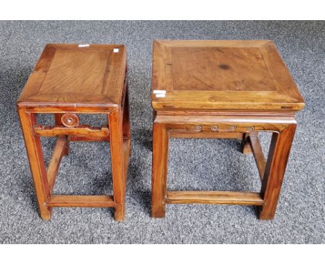 Chinese elm square occasional table with shaped and carved frieze, raised on straight supports, 43cm wide x 48cm high and ano