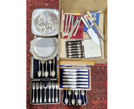 Collection of silver plate and silver plated flatware including cased set of six knives and forks with mother of pearl handle