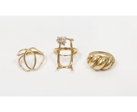 9ct gold QVC ring mount (large stone missing), a 9ct gold fine double loop ring and a 9ct gold keeper-style ring, 10.4g&nbsp;
