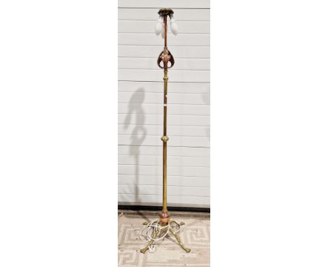 In the manner of W. A. S. Benson, Arts and Crafts brass and copper telescopic standard lamp, three branch light fitting, the 