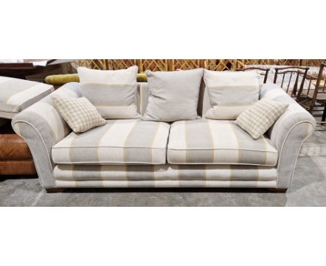 Newport Grand Sofa retailed by Lee Longlands of Cheltenham, upholstered in a striped grey, cream and mustard yellow fabric, w