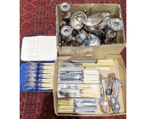 Collection of silver plate and metal items including three candlesticks, biscuit barrel, hip flask, teapot and sugar bowl, ca