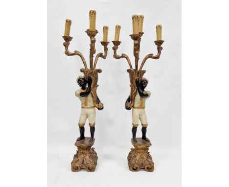 Pair of giltwood and painted effect four-branch candelabra style table lamps&nbsp;in the form of figures holding cornucopias,