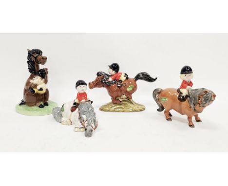 Three Beswick Norman Thelwell pottery pony and rider groups and a Royal Doulton the Ideal Pony for a Nervous Child also by No