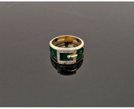 18ct gold, diamond and enamel belt-pattern ring set small diamonds to the buckle, on green enamel ground, approx 9g  Conditio