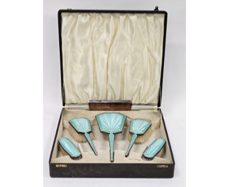 Silver and turquoise green guilloche enamel five-piece dressing table set, Birmingham 1940, WI Broadway &amp; Co, comprising 