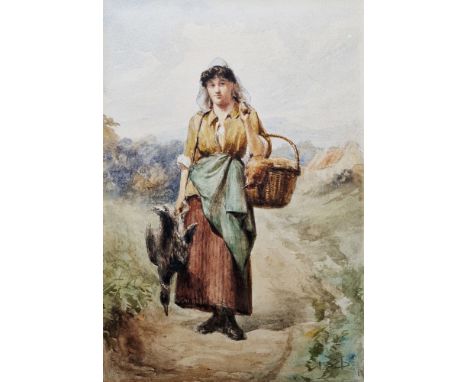 19th century school Watercolour drawing Woman on path carrying game birds, initialled SB and dated 1884 lower right, framed a