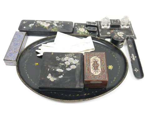 Collection of black lacquered papiermache items including two 19th century mother of pearl inlaid snuff boxes, early 20th cen