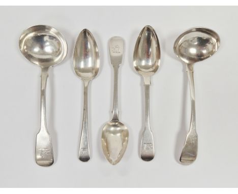 Collection of George III to William IV silver flatware including silver sauce ladle, Edinburgh 1825, fiddle pattern 17cm long