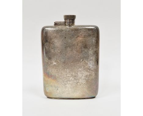 Asprey's of London silver hip flask, Chester 1939, registration number 649007, the curved plain form inscribed with initials 