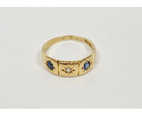 Antique 18ct gold, sapphire and diamond ring set two sapphires and one diamond, within panels star settings (band broken)&nbs