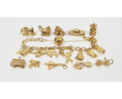 9ct gold oval link charm bracelet with quantity charms and sundry gold loose charms, 60g total approx.&nbsp;