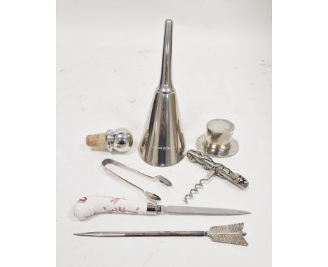 Mixed lot of metalware including silver plate paperknife in the form of an arrow, pewter wine funnel, white metal bottle stop