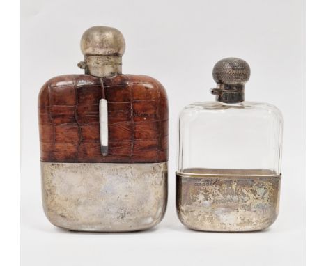 George V silver mounted glass hip flask, Sheffield 1928 James Dixon &amp; Sons Ltd, the twisting silver cap with engine turne