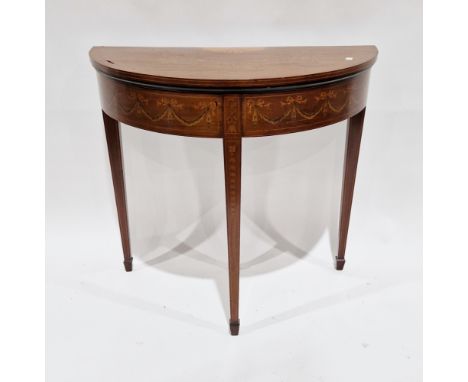 Sheraton Revival mahogany demi-lune foldover card table, the top with satinwood and ebony inlay, including a half fan patera 