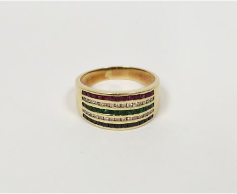 18ct gold, diamond, sapphire, emerald and ruby banded ring having three rows of square cut sapphires, emeralds and rubies and